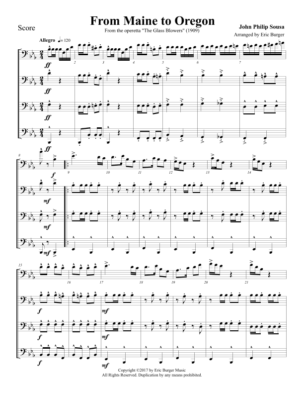 Maine To Oregon for Trombone or Low Brass Quartet (arr. Eric Burger Music)