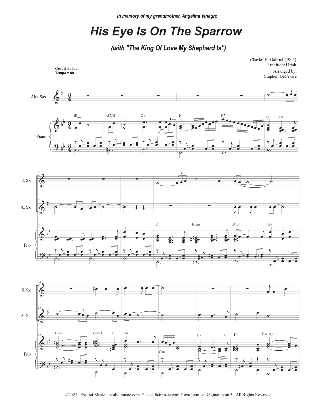 His Eye Is On The Sparrow (with "The King Of Love My Shepherd Is") (Duet for Soprano and Alto Sax) (arr. Stephen DeCesare)