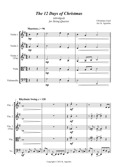 The 12 Days of Christmas - for String Quartet (arr. K. Agioritis)