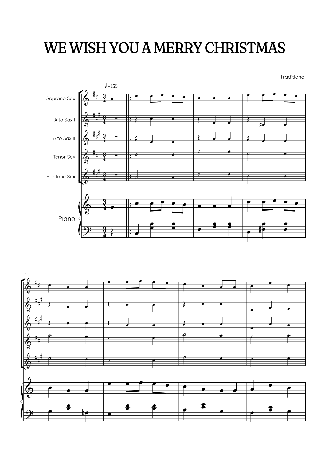 We Wish You a Merry Christmas for Sax Quintet & Piano • easy Christmas sheet music (arr. Benzaiten Editions)