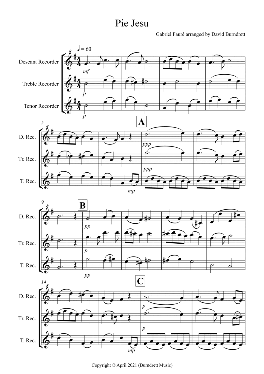 Pie Jesu (from Requiem) for Recorder Trio (arr. David Burndrett)