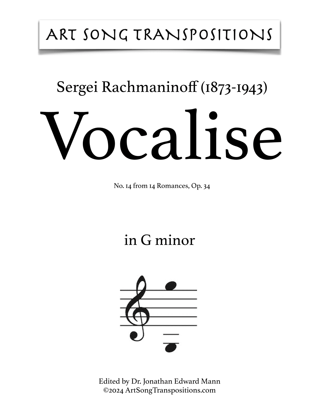 RACHMANINOFF: Vocalise, Op. 34 no. 14 (transposed to G minor) (arr. ArtSongTranspositions.com)
