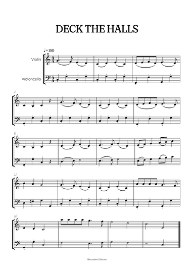 Deck the Halls for violin and cello duet • easy Christmas song sheet music (arr. Benzaiten Editions)