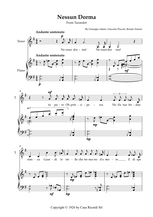 Nessun Dorma - Tenor & Piano (arr. Karen Gueiros)