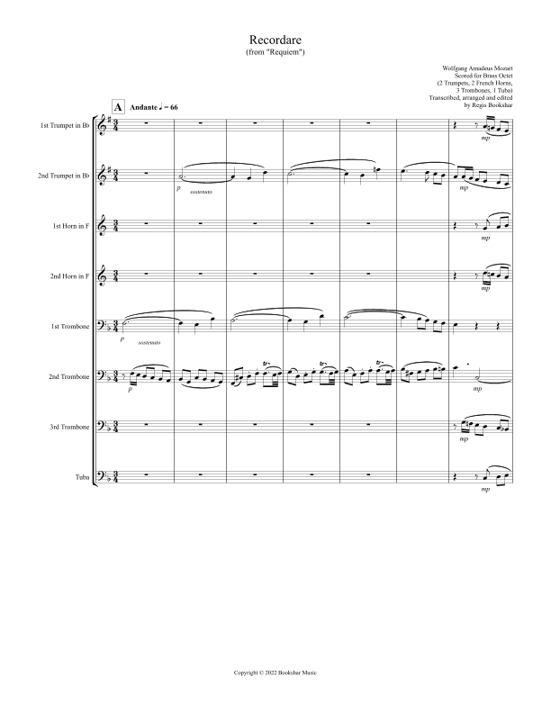 Recordare (from "Requiem") (F) (Brass Octet - 2 Trp, 2 Hrn, 3 Trb, 1 Tuba) (arr. Regis Bookshar)