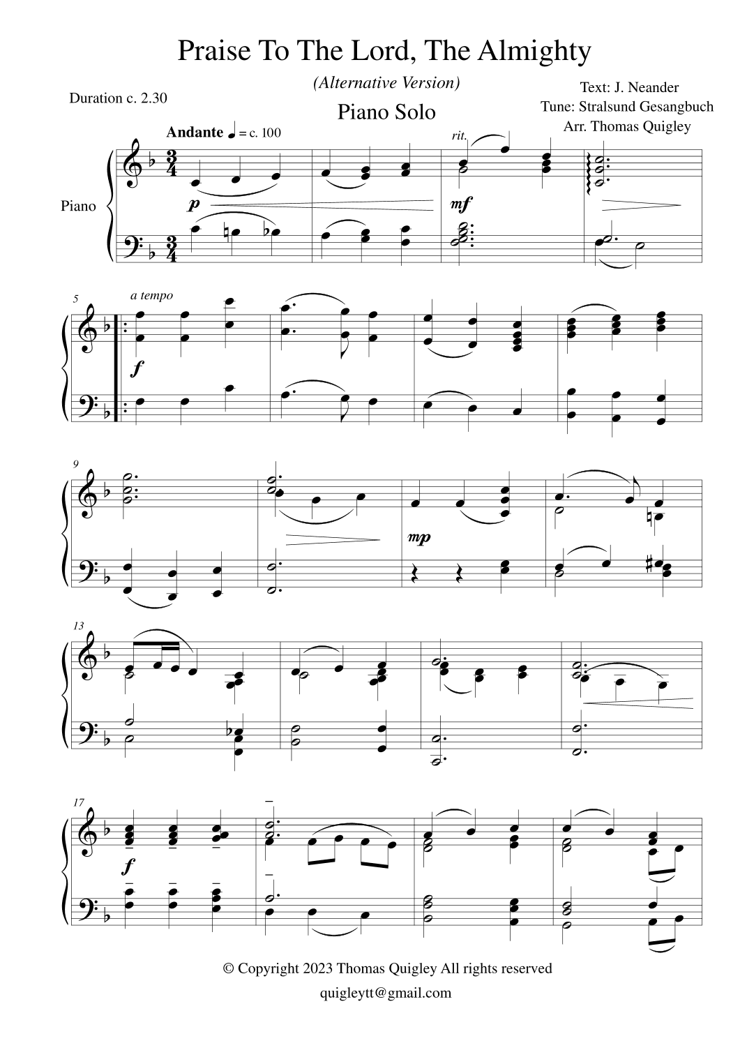 Praise to the Lord, the Almighty (Alternative Version) (arr. Thomas Quigley)