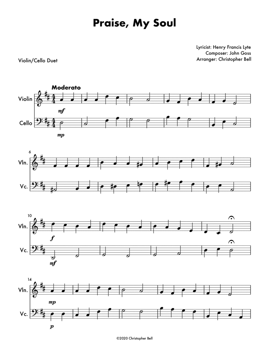 Praise, My Soul - Easy Violin/Cello Duet (arr. Christopher Bell)