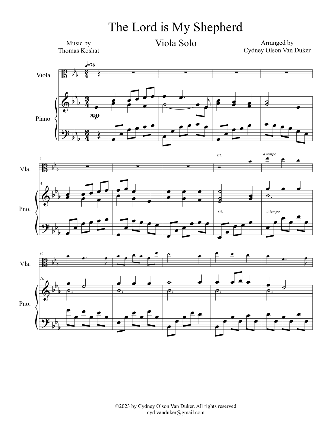 The Lord is My Shepherd viola solo with piano (arr. Cydney Olson Van Duker)