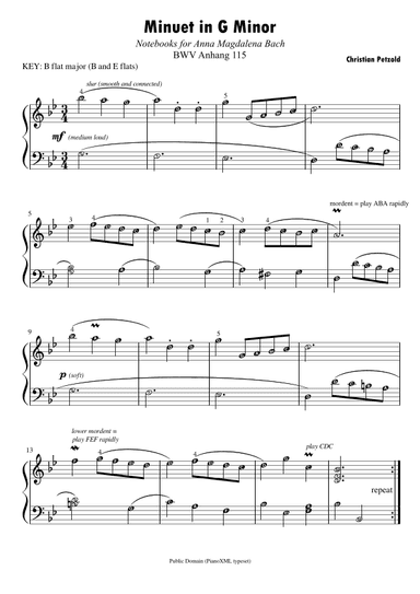 Minuet in G minor - Bach | Piano Sheet Music Score with note names and finger numbers (arr. Published Harmony)