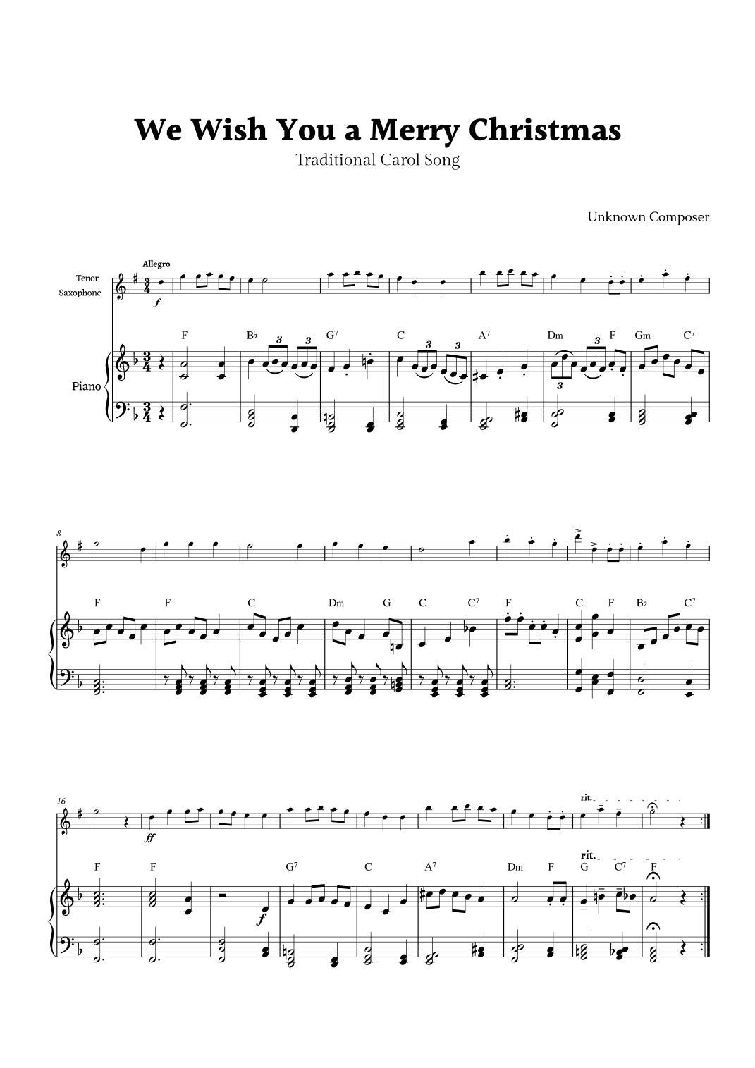 We Wish you a Merry Christmas for Tenor Sax and Piano (arr. Rika K.)