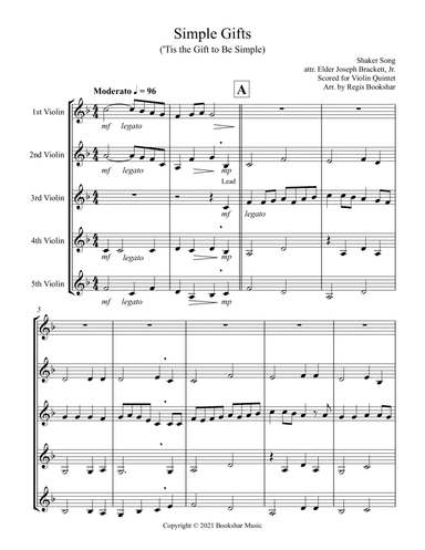 Simple Gifts ('Tis the Gift to Be Simple) (F) (Violin Quintet) (arr. Regis Bookshar)