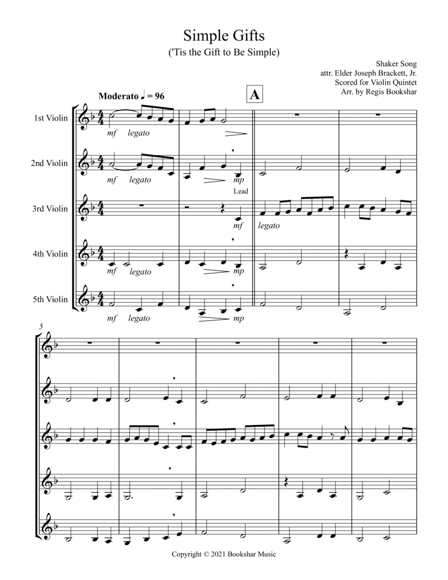 Simple Gifts ('Tis the Gift to Be Simple) (F) (Violin Quintet) (arr. Regis Bookshar)