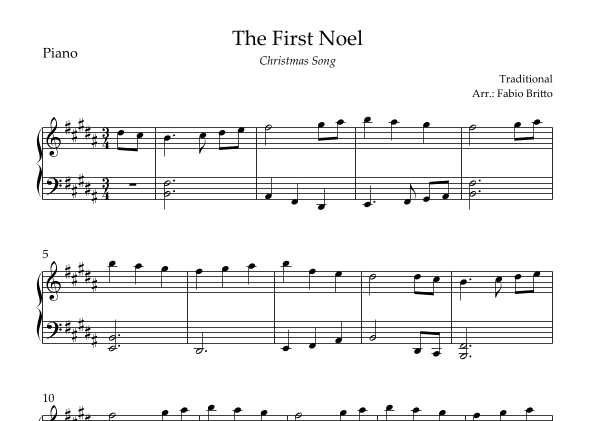 The First Noel (Christmas Song) for Easy Piano Solo in B Major (arr. Fabio Britto)