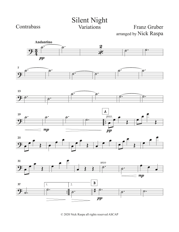 Silent Night - Variations (full orchestra) Contrabass part (arr. Nick Raspa)