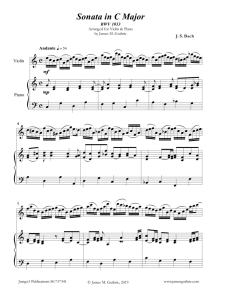 BACH: Sonata in C Major BWV 1033 for Violin & Piano (arr. James Guthrie, ASCAP)