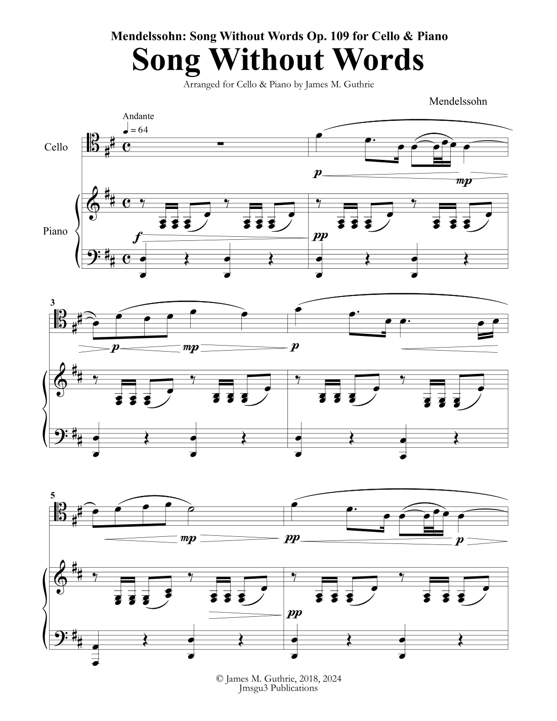 Mendelssohn: Song Without Words Op. 109 for Cello & Piano (arr. James M. Guthrie, ASCAP)