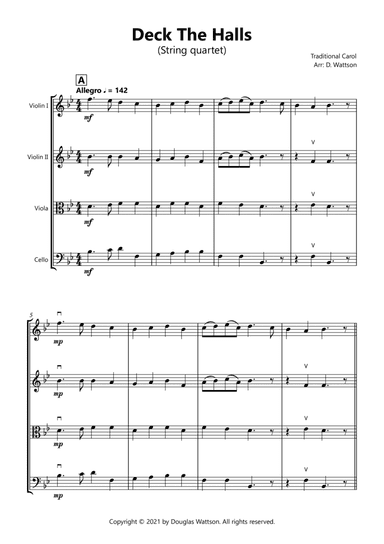 Deck The Halls for string quartet (arr. Douglas Wattson)