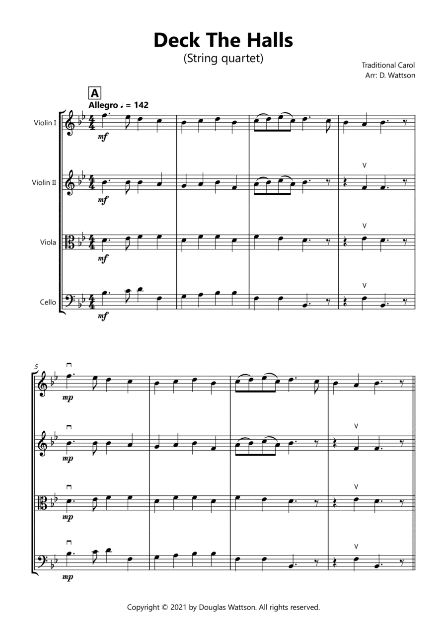 Deck The Halls for string quartet (arr. Douglas Wattson)