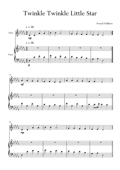 Twinkle Twinkle Little Star for Flute and Piano in Db Major. Very Easy. (arr. Matheus Araújo)