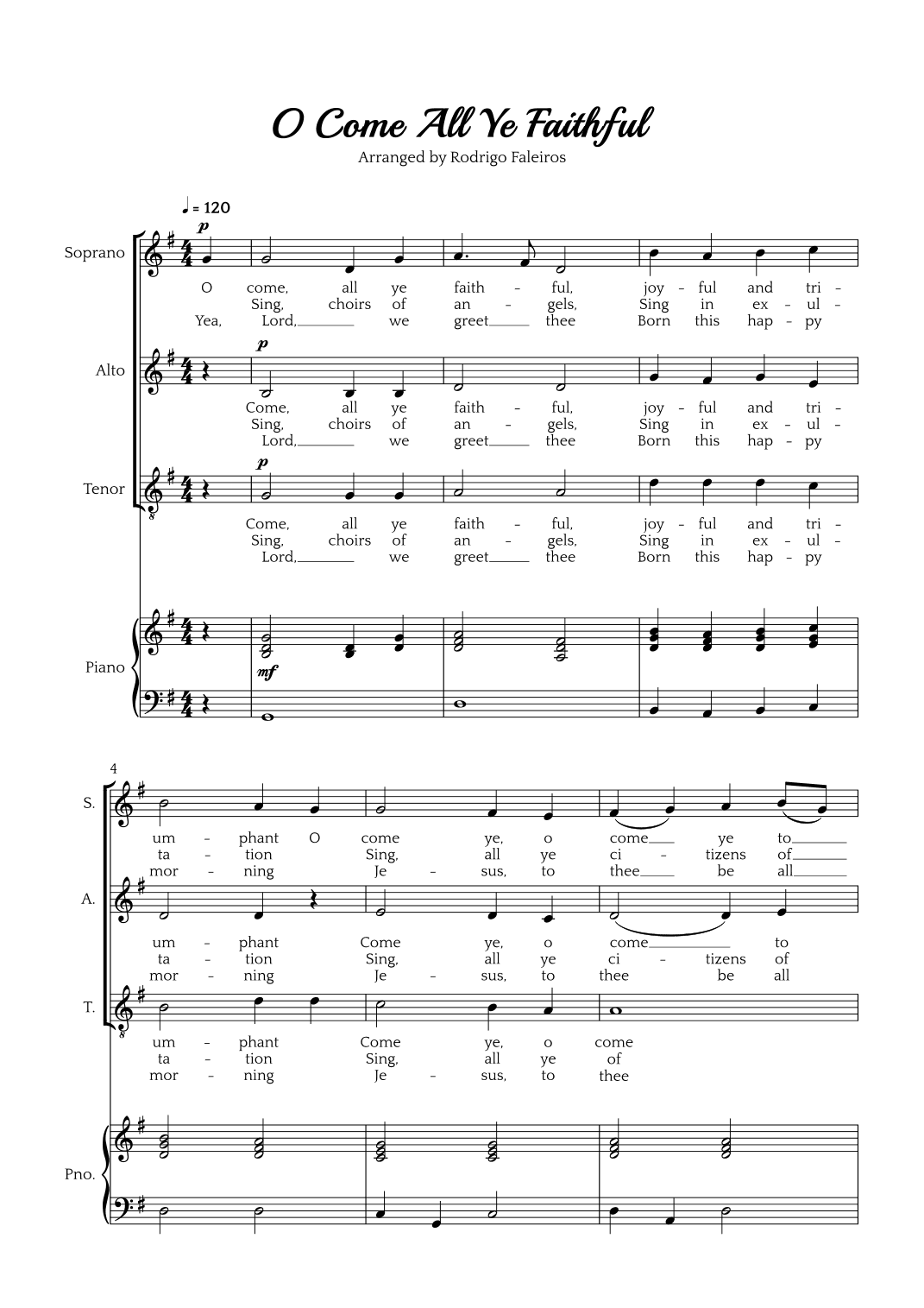 O Come All Ye Faithful (SAT choir and piano accompaniment) (arr. Rodrigo Faleiros)