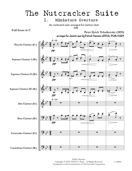 Nutcracker Suite, Mvt. I "Miniature Overture" for clarinet choir (full score & set of parts) (arr. Patrick Sheehan)