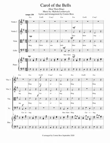 Carol of the Bells (Hear them Ring) - Strings quartet and piano with parts (arr. Connie Boss)