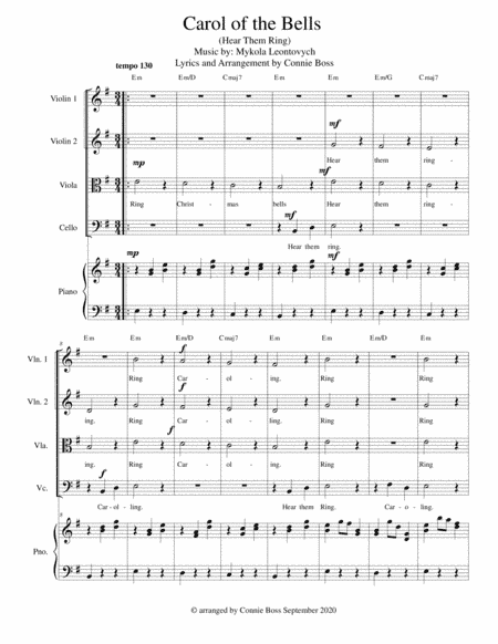 Carol of the Bells (Hear them Ring) - Strings quartet and piano with parts (arr. Connie Boss)