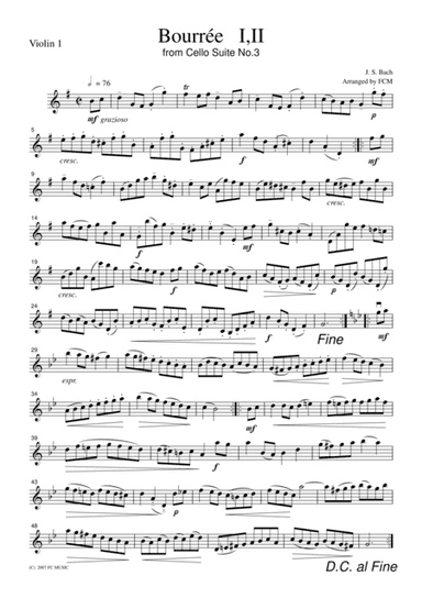 J.S.Bach  Bourree I,II from Cello Suite No.3, for string quartet, CB219 (arr. FCMUSIC)