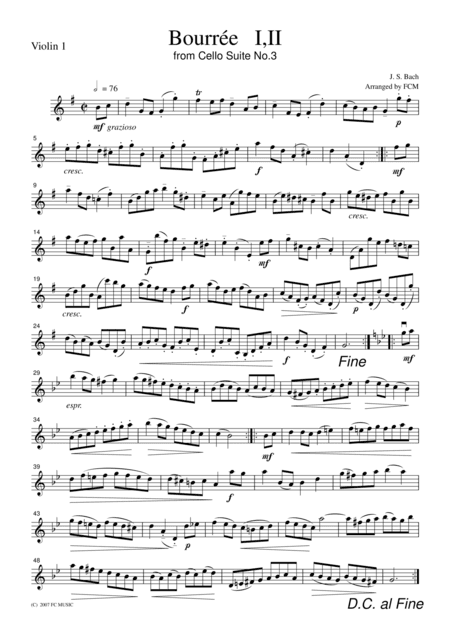J.S.Bach  Bourree I,II from Cello Suite No.3, for string quartet, CB219 (arr. FCMUSIC)
