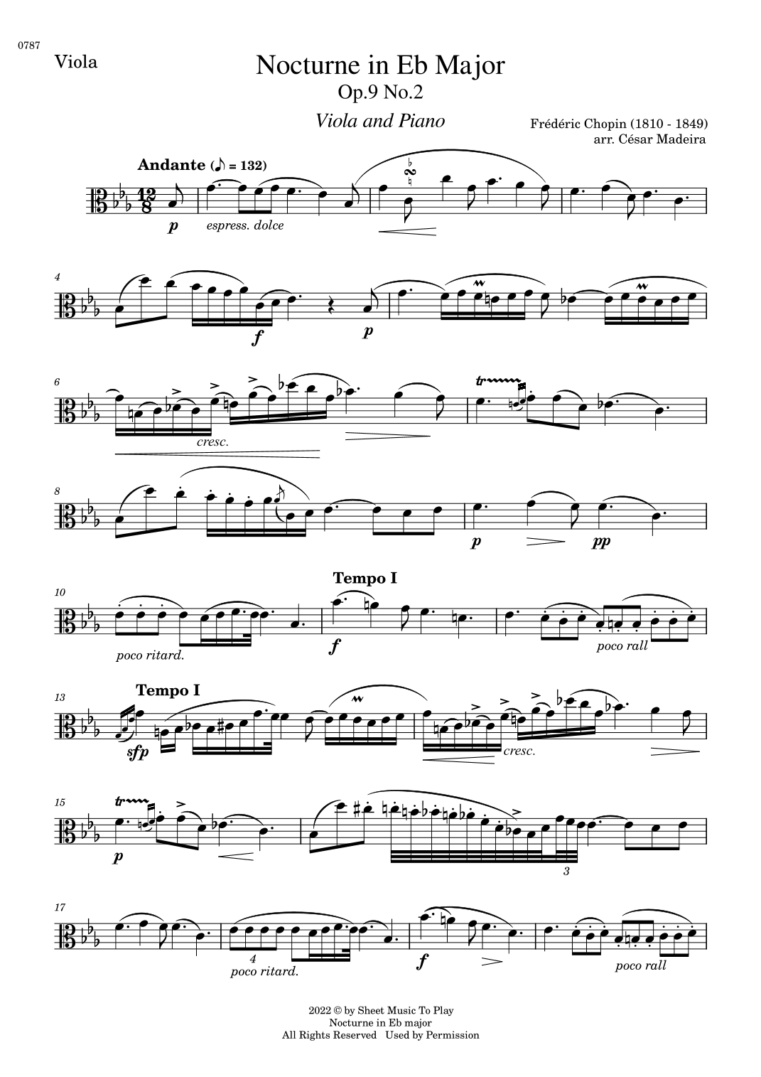 Nocturne Op.9 No.2 by Chopin - Viola and Piano (Individual Parts) (arr. César Madeira)