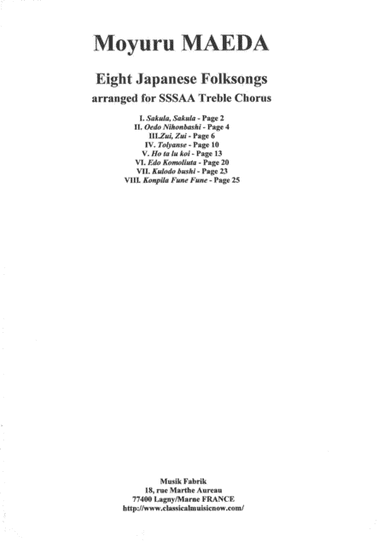 Moyuru Maeda:  8 Japanese Folksongs for SSAAA treble chorus (arr. Moyuru Maeda)