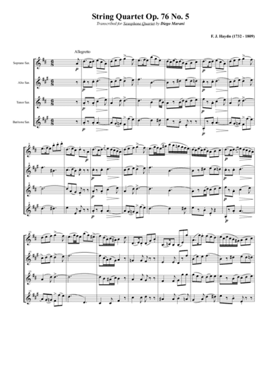 String Quartet Op. 76 No. 5 for Saxophone Quartet (SATB) (arr. Diego Marani)
