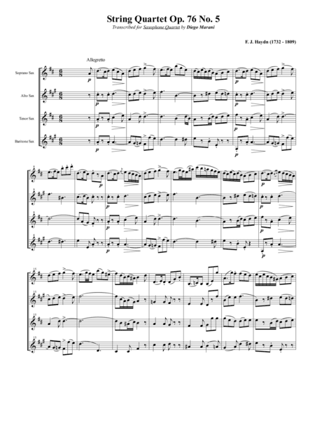 String Quartet Op. 76 No. 5 for Saxophone Quartet (SATB) (arr. Diego Marani)