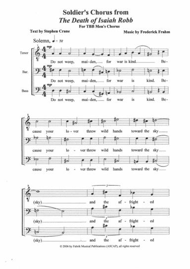 Frederick Frahm: "Soldiers' Chorus" from The Death of Isiah Rob for TBB chorus