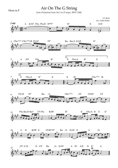 Air On The G String (J.S. Bach) for Horn in F Solo with Chords (arr. Fabio Britto)