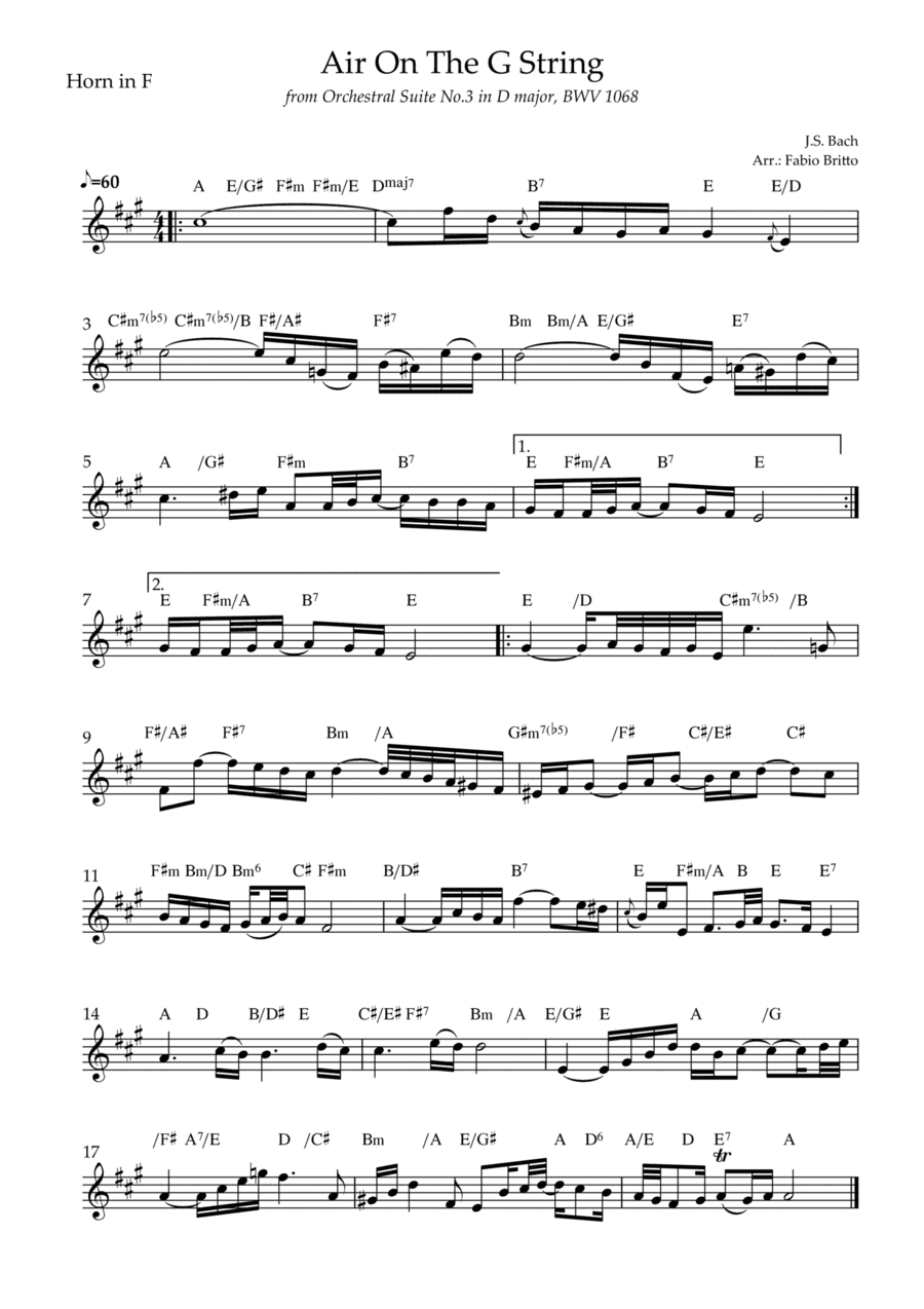 Air On The G String (J.S. Bach) for Horn in F Solo with Chords (arr. Fabio Britto)