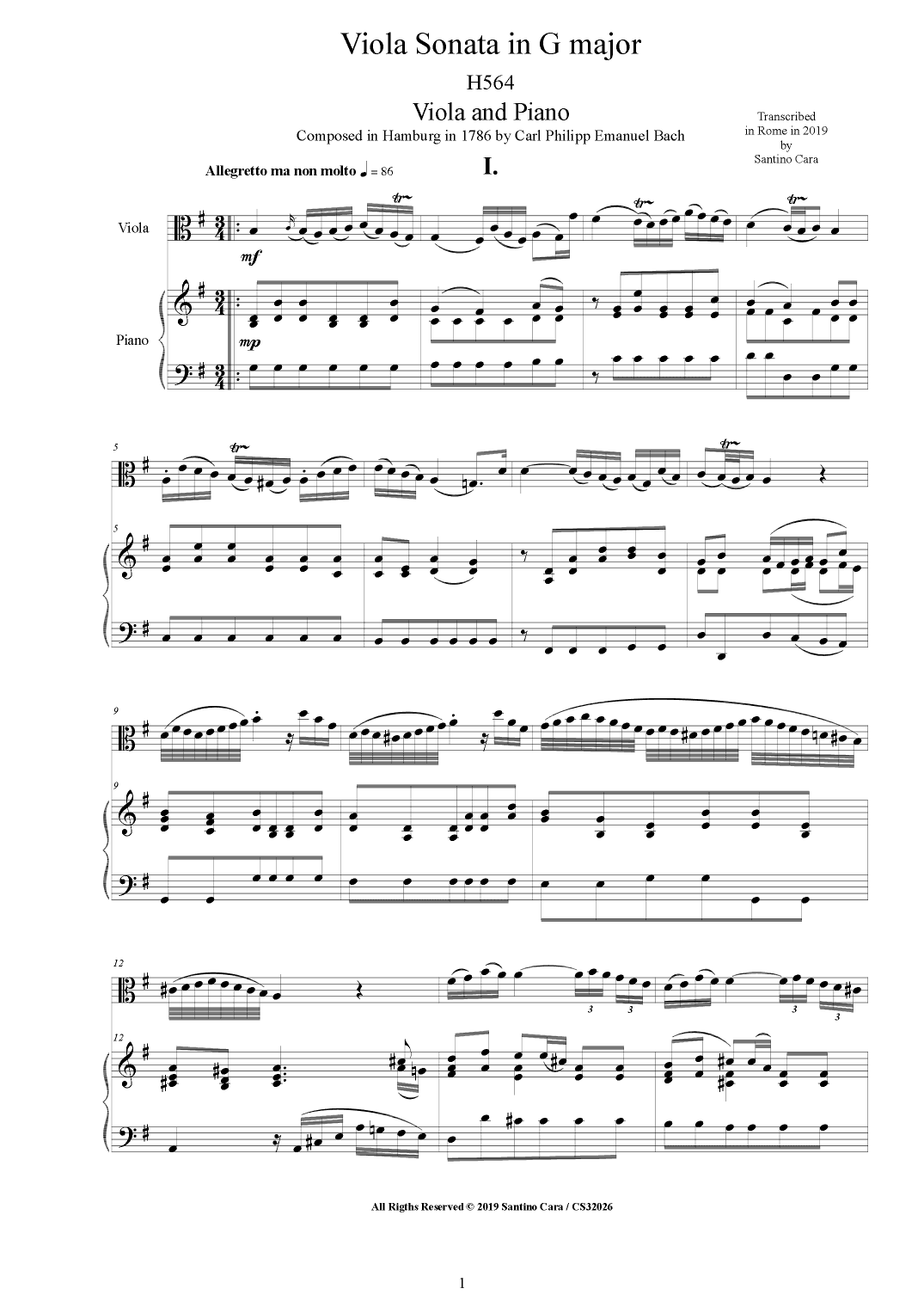 Bach CPE - Viola Sonata in G major H564 for Viola and Piano (arr. Santino Cara)