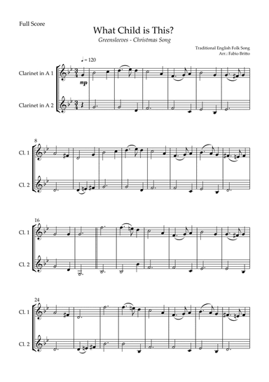 What Child is This? - Greensleeves (Christmas Song) for Clarinet in A Duo (arr. Fabio Britto)