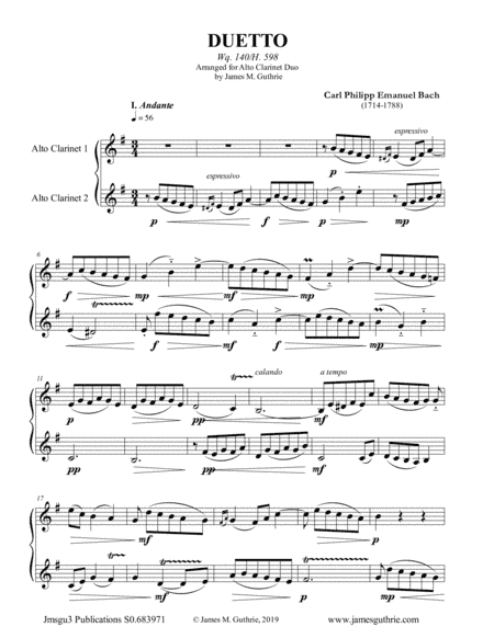 CPE Bach: Duetto Wq. 140 for Alto Clarinet Duo (arr. James M. Guthrie, ASCAP)