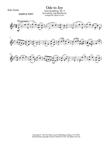 ODE TO JOY, Violin Solo, Intermediate Level (arr. Sherry Lewis)