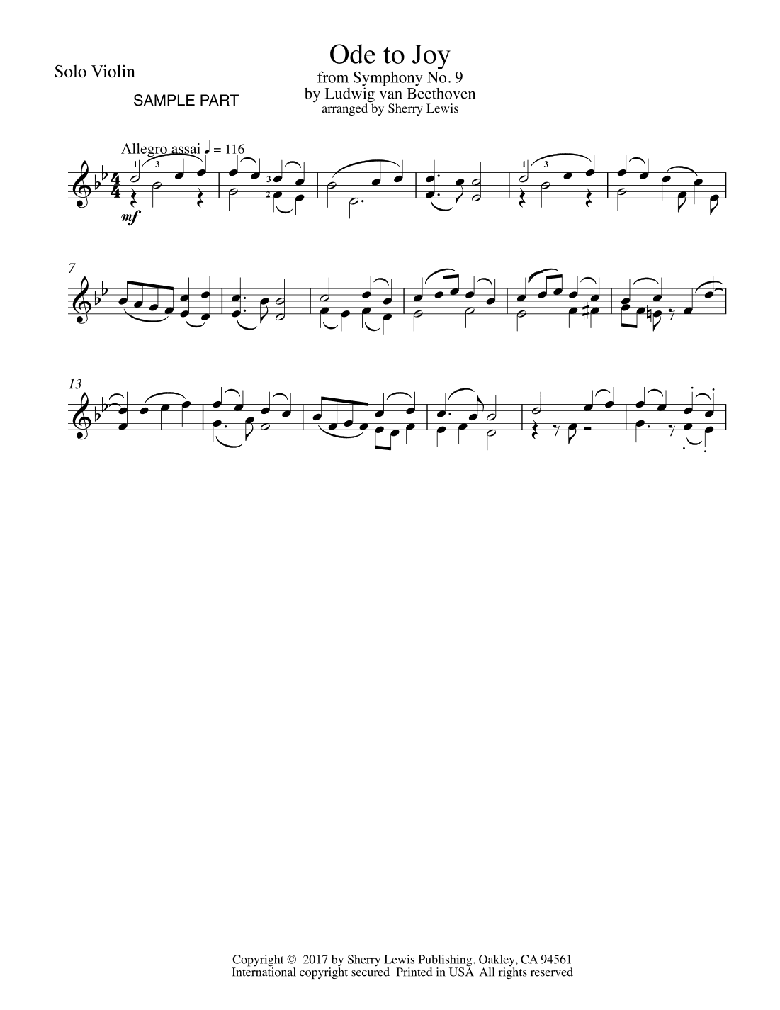 ODE TO JOY, Violin Solo, Intermediate Level (arr. Sherry Lewis)