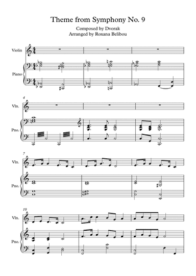 Theme from Symphony No. 9 by Dvorak Violin (Flute) & Piano (arr. Roxana Belibou)