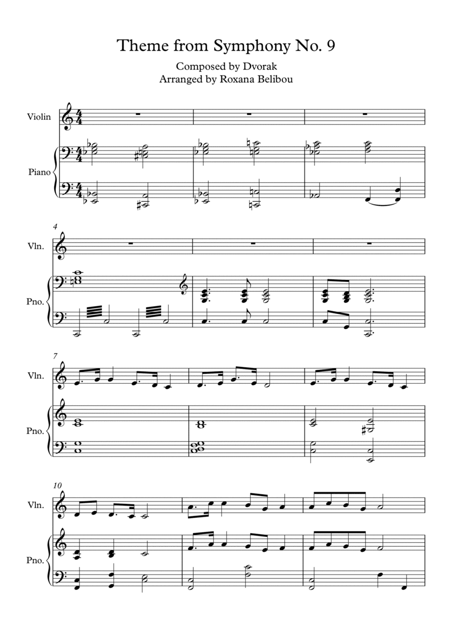 Theme from Symphony No. 9 by Dvorak Violin (Flute) & Piano (arr. Roxana Belibou)
