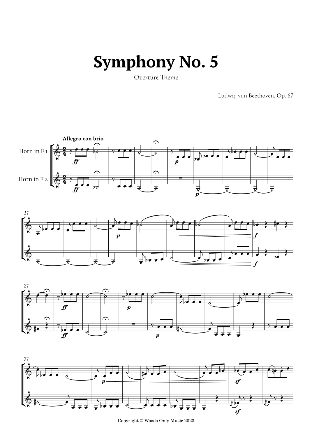 Symphony No. 5 by Beethoven for French Horn Duet (arr. Ander)
