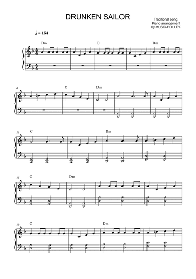 Traditional song - Drunken Sailor (easy piano sheet) (arr. Music-holley)