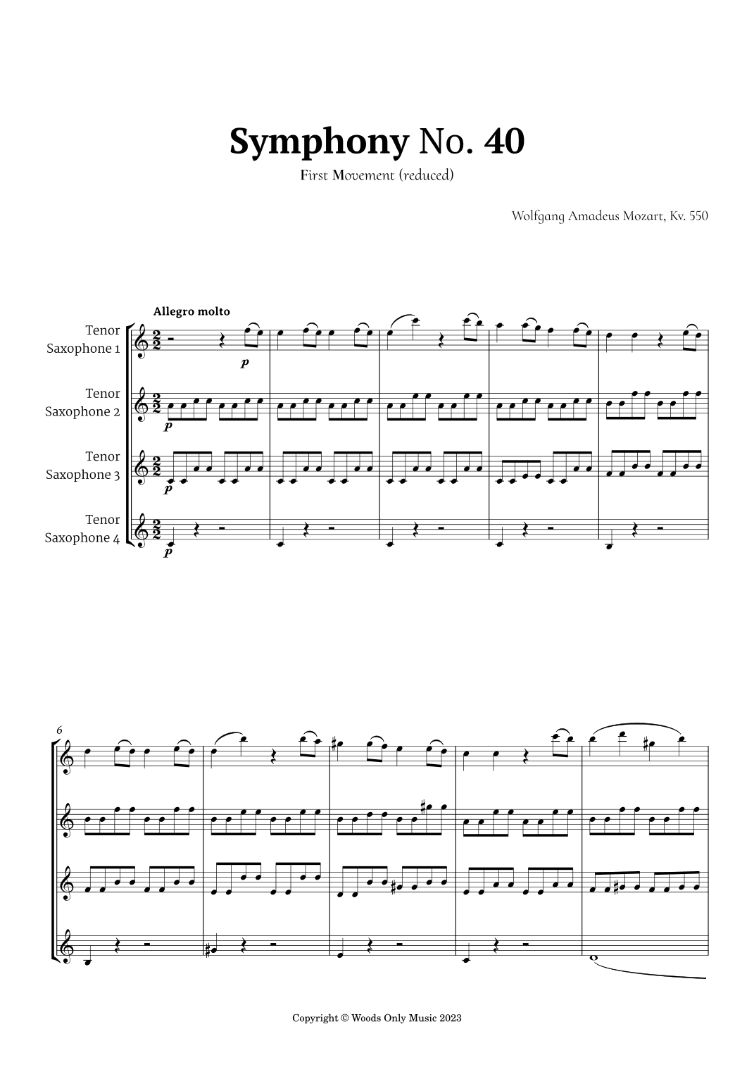 Symphony No. 40 by Mozart for Tenor Sax Quartet (arr. Ander)