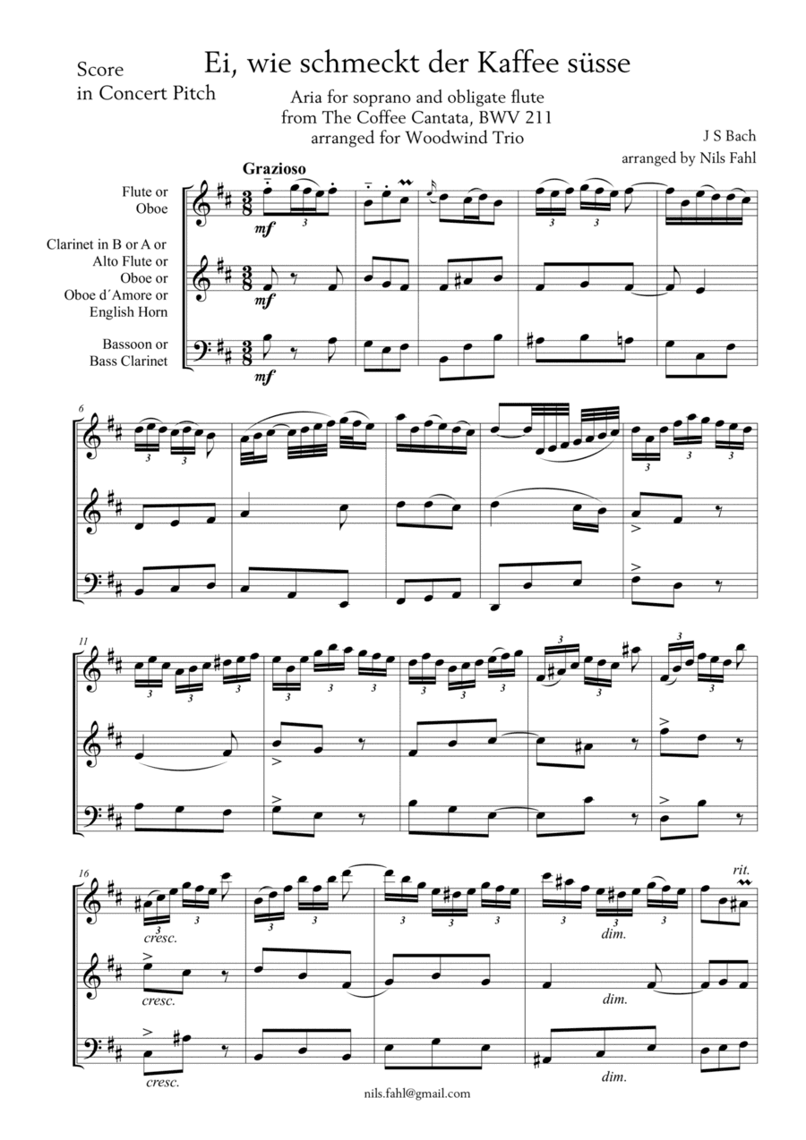 J S Bach Aria from the Coffee Cantata arranged for Woodwind Trio (arr. Nils Fahl)