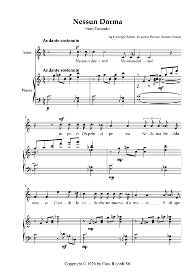 Nessun Dorma - Tenor & Piano (arr. Karen Gueiros)