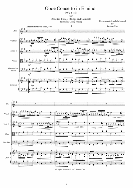 Telemann - Concerto in E minor TWV 51-E1 for Oboe (or Flute), Strings and continuo (arr. Santino Cara)