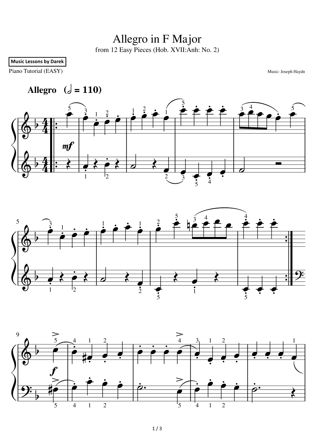 Allegro in F Major (EASY PIANO) from 12 Easy Pieces (Hob. XVII:Anh: No. 2) [Joseph Haydn] (arr. Darek)